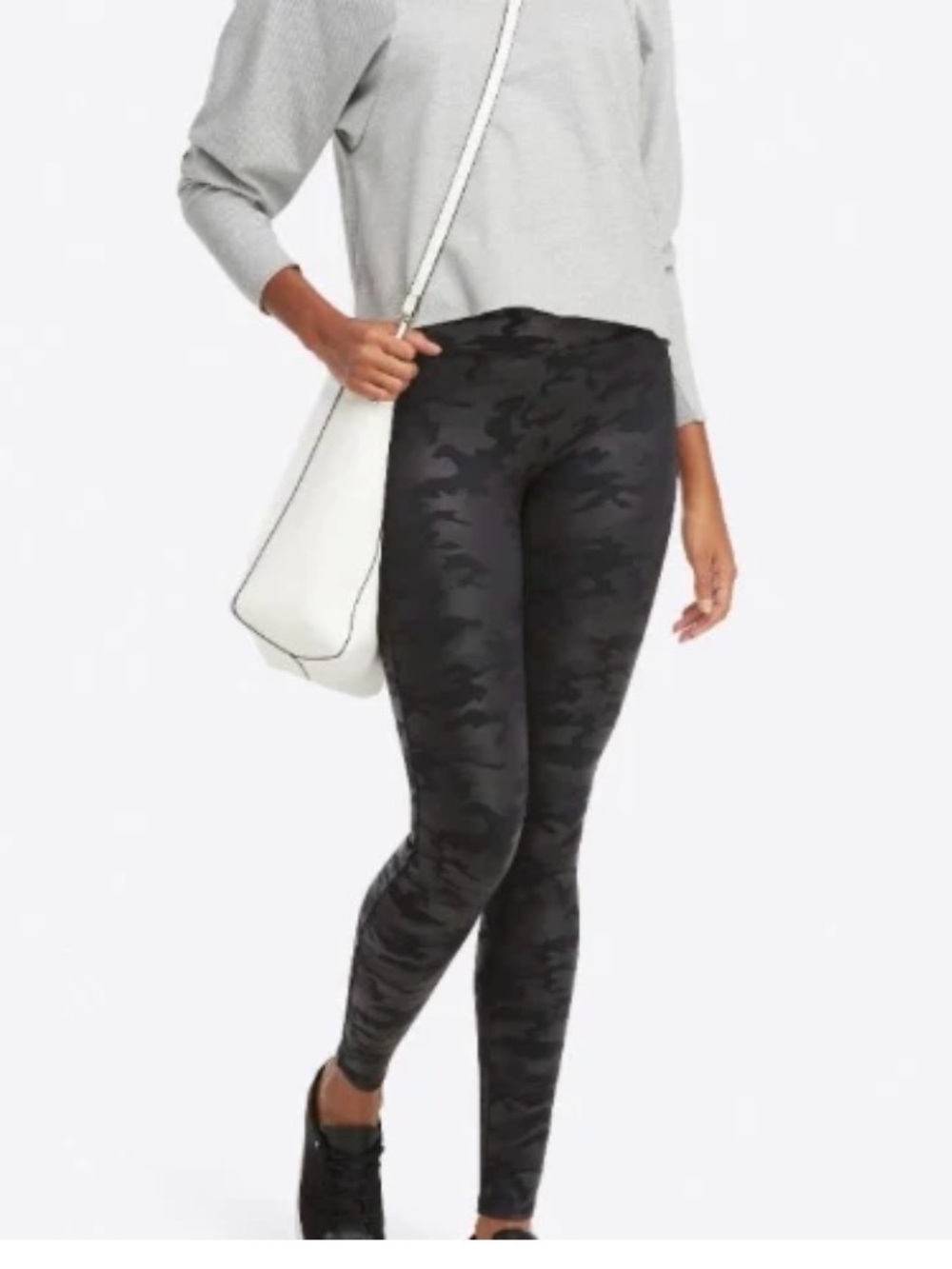 SPANX Faux Leather Camo Leggings Black High Rise Shaping 28" Style 20185R Sz S